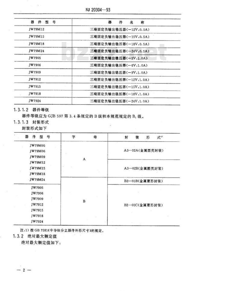 SJ 20304-1993 半导体集成电路ＪＷ７９０５、ＪＷ７９Ｍ０５等型三端固定负输出稳压器详细规范