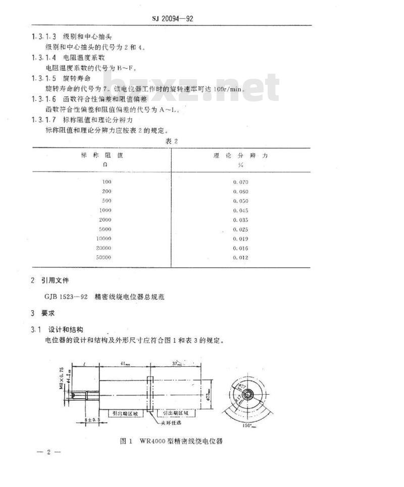 SJ 20094-1992 WR4000型精密线绕电位器详细规范 SJ 20094-1992 WR4000型精密线绕电位器详细规范