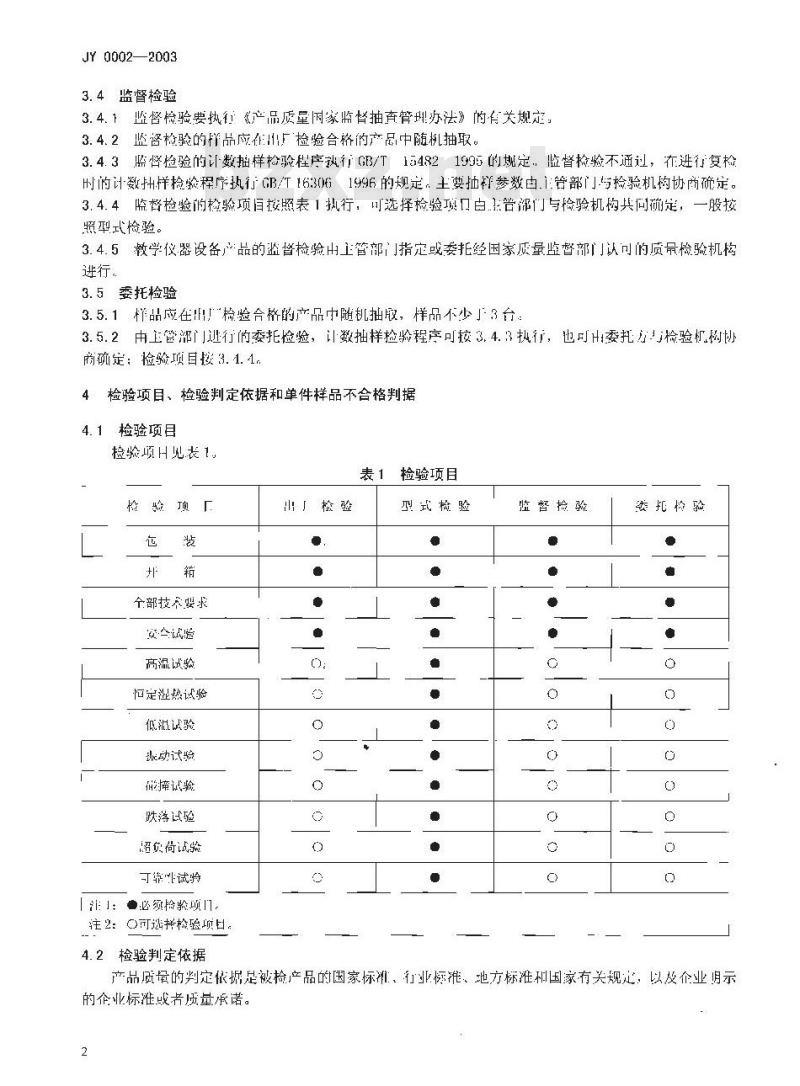 JY 0002-2003 教学仪器设备产品的检验规则