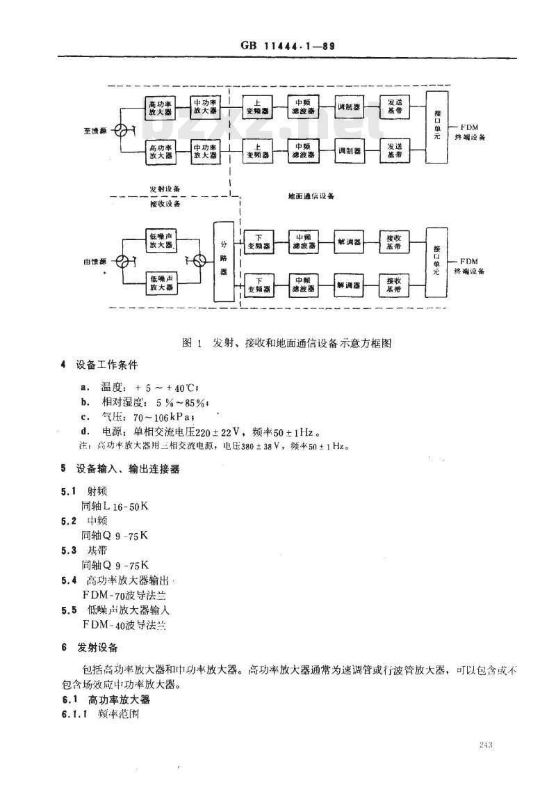 GB 11444.1-1989 国内卫星通信地球站发射、接收和地面通信设备技术要求 第一部分:频分多路复用/调频设备