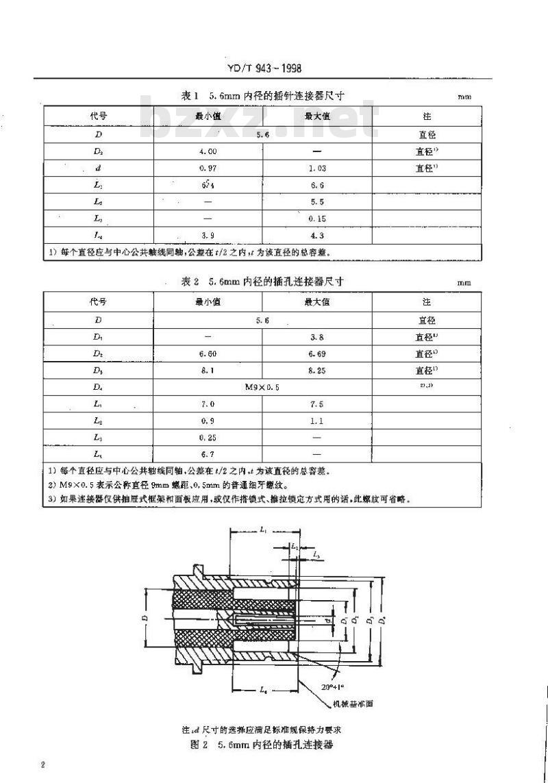 YD/T 943-1998 外导体内径为5.6mm、3.8mm及2.8mm射频同轴连接器技术要求和试验方法