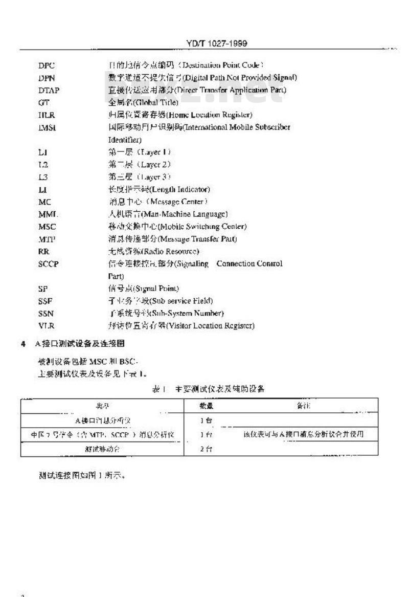 YD/T 1027-1999 800MHz CDMA数字蜂窝移动通信网接口测试规范：移动交换中心与基站子系统间接口