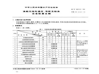 SC/T 8012-1994 渔船无线电通信、导航及助渔设备配置定额