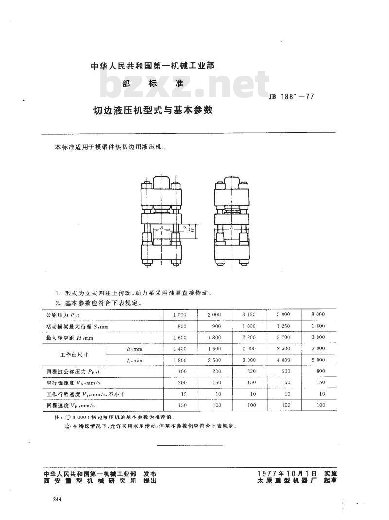 JB 1881-1977 切边液压机 型式与基本参数