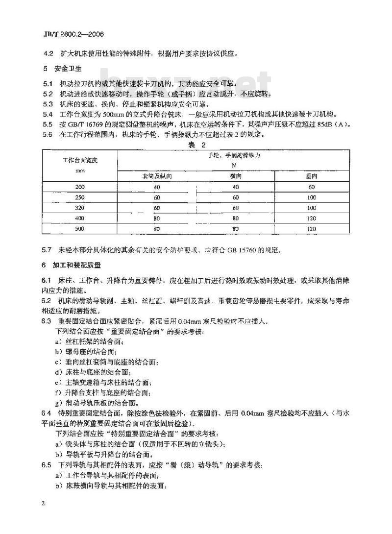 JB/T 2800.2-2006 升降台铣床 第2部分：技术条件