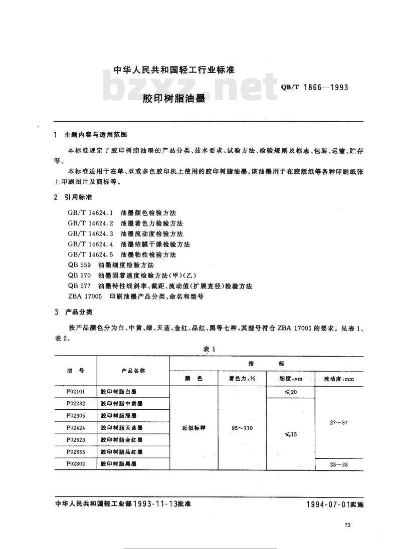 QB/T 1866-1993 胶印树脂油墨