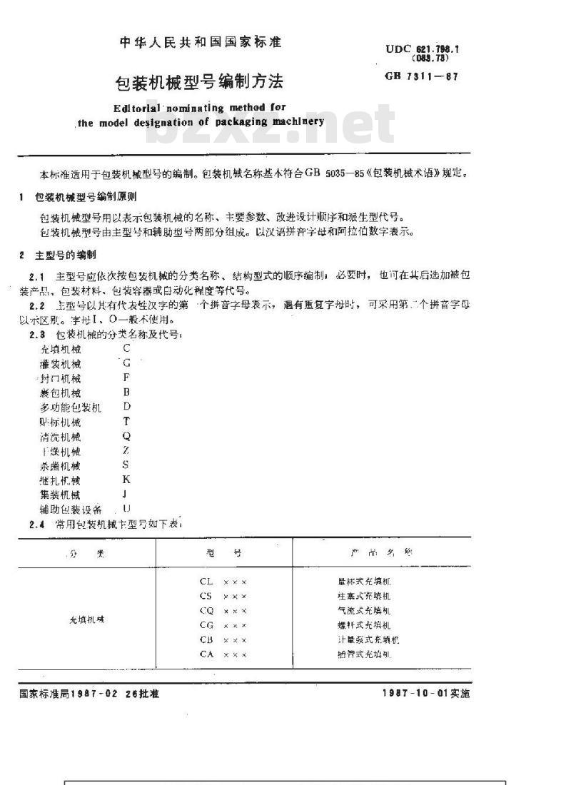 GB/T 7311-1987 包装机械型号编制方法