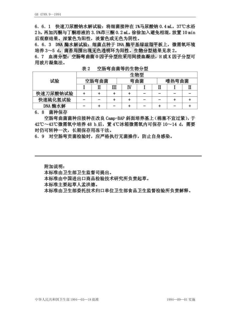 GB 4789.9-1994 食品卫生微生物学检验 空肠弯曲菌检验