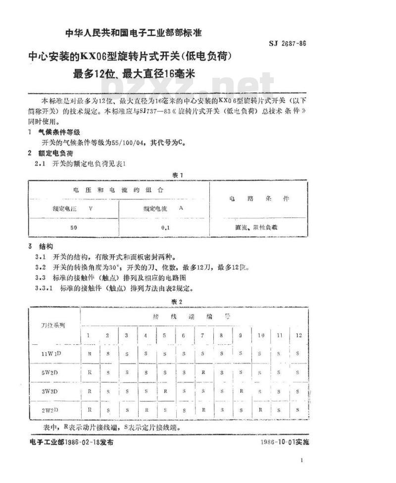 SJ 2687-1986 中心安装的ＫＸ０６型旋转片式开关(低电负荷) 最多１２位、最大直径１６毫米