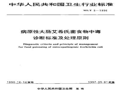 WS/T 8-1996 病原性大肠艾希氏菌食物中毒诊断标准及处理原则