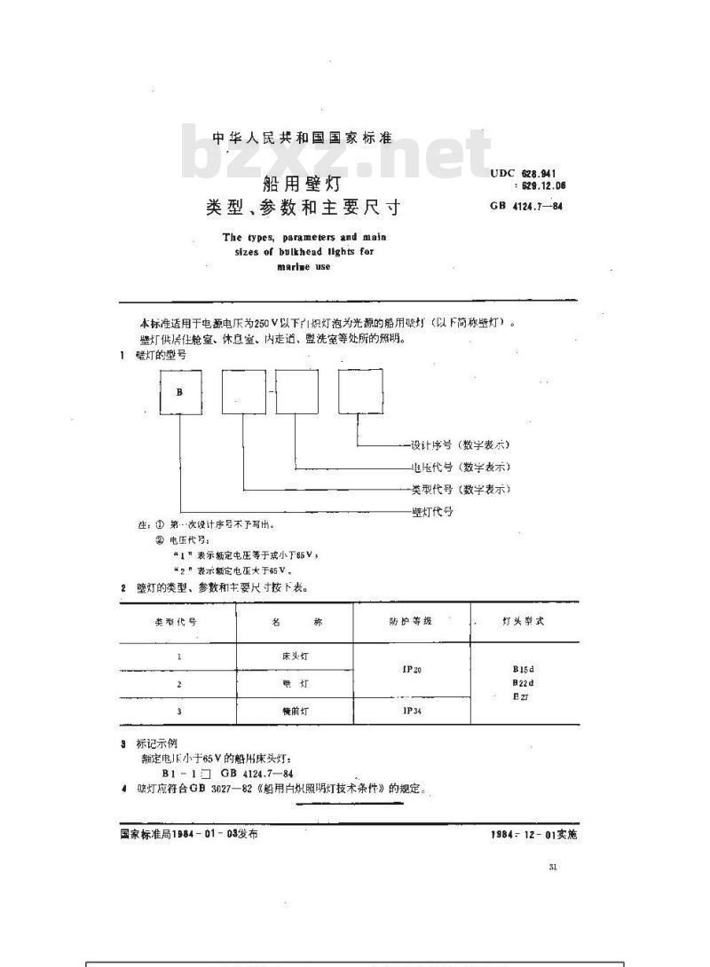 GB 4124.7-1984 船用壁灯类型、参数和主要尺寸