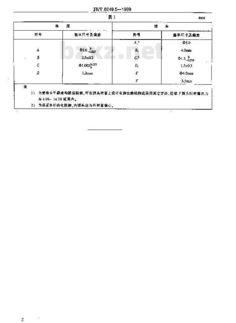 JB/T 8249.5-1999 照相机 闪光插头及插座尺寸