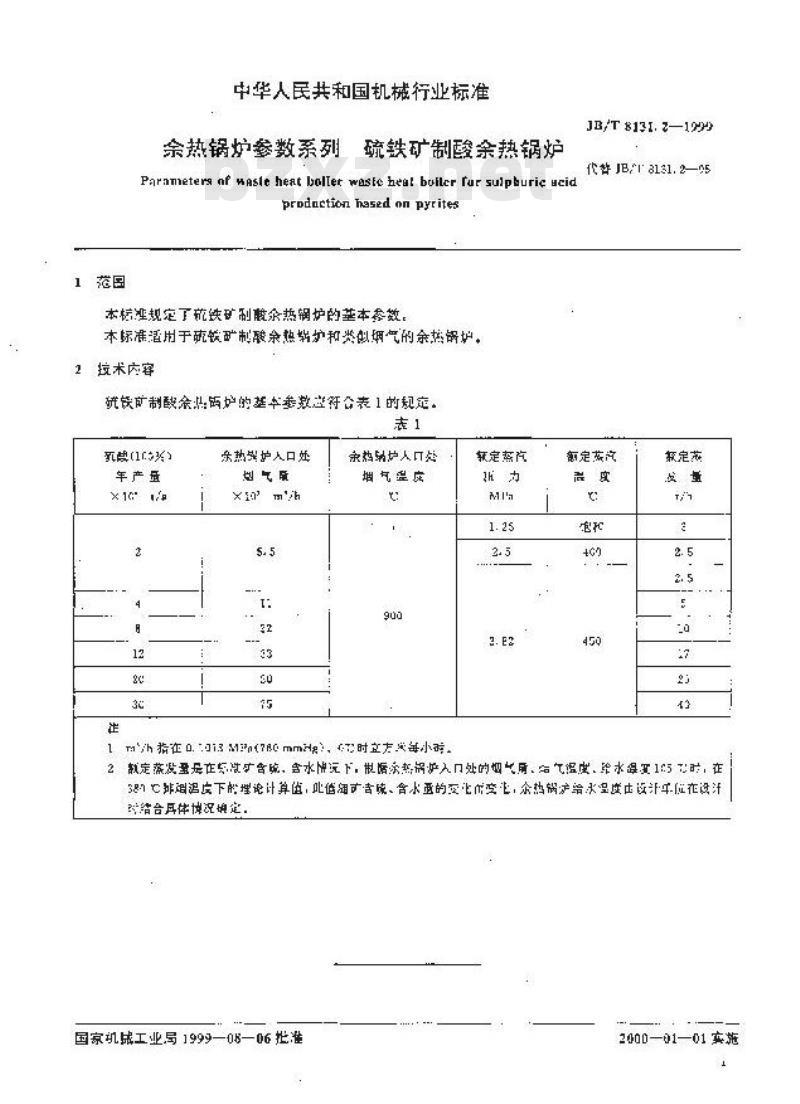 JB/T 8131.2-1999 余热锅炉参数系列 硫铁矿制酸余热锅炉