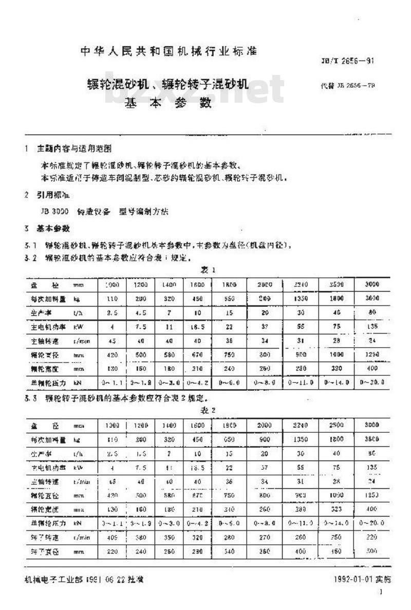 JB/T 2656-1991 辗轮混砂机 辗轮转子混砂机 基本参数