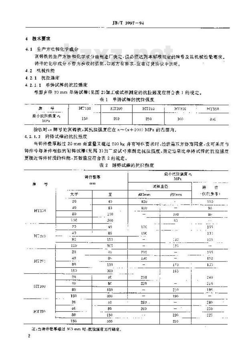 JB/T 3997-1994 金属切削机床灰铸铁件 技术条件