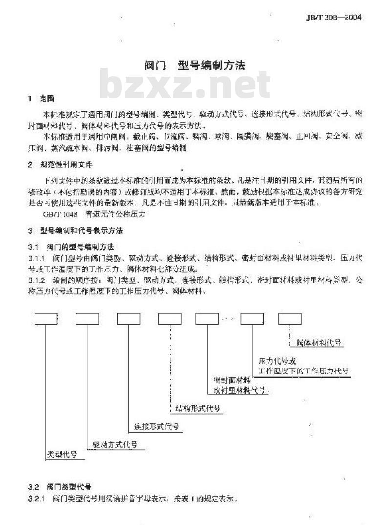 JB/T 308-2004 阀门 型号编制方法