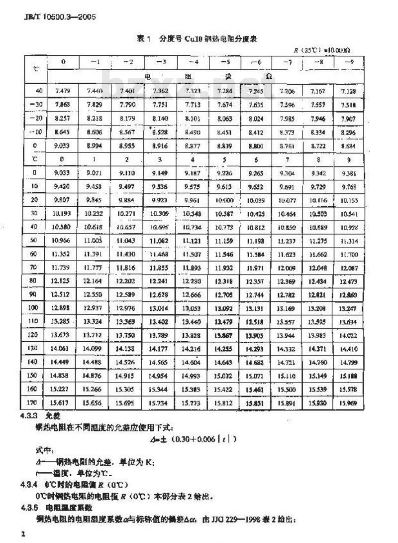 JB/T 10500.3-2005 电机用埋置式热电阻 第3部分:铜热电阻技术要求 JB/T 10500.3-2005 电机用埋置式热电阻 第3部分:铜热电阻技术要求