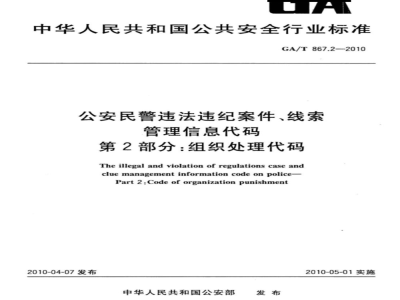 GA/T 867.2-2010 公安民警违法违纪案件、线索管理信息代码　第2部分：组织处理代码
