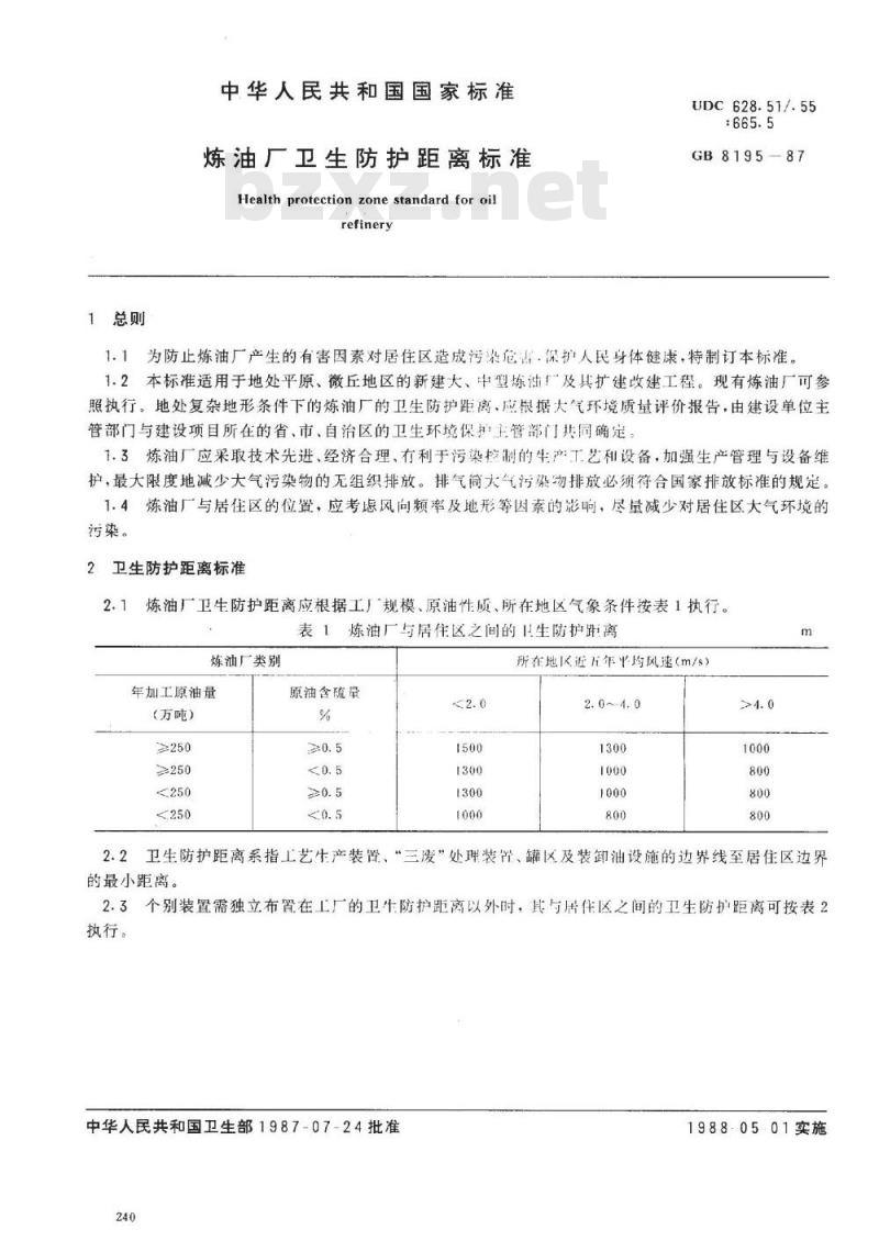 GB 8195-1987 炼油厂卫生防护距离标准