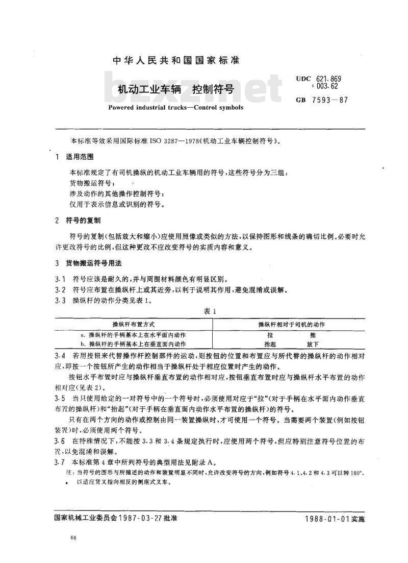GB/T 7593-1987 机动工业车辆 控制符号