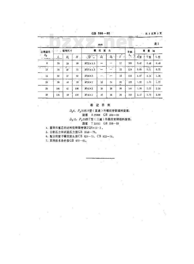 GB 598-1980 船用外螺纹青铜填料旋塞