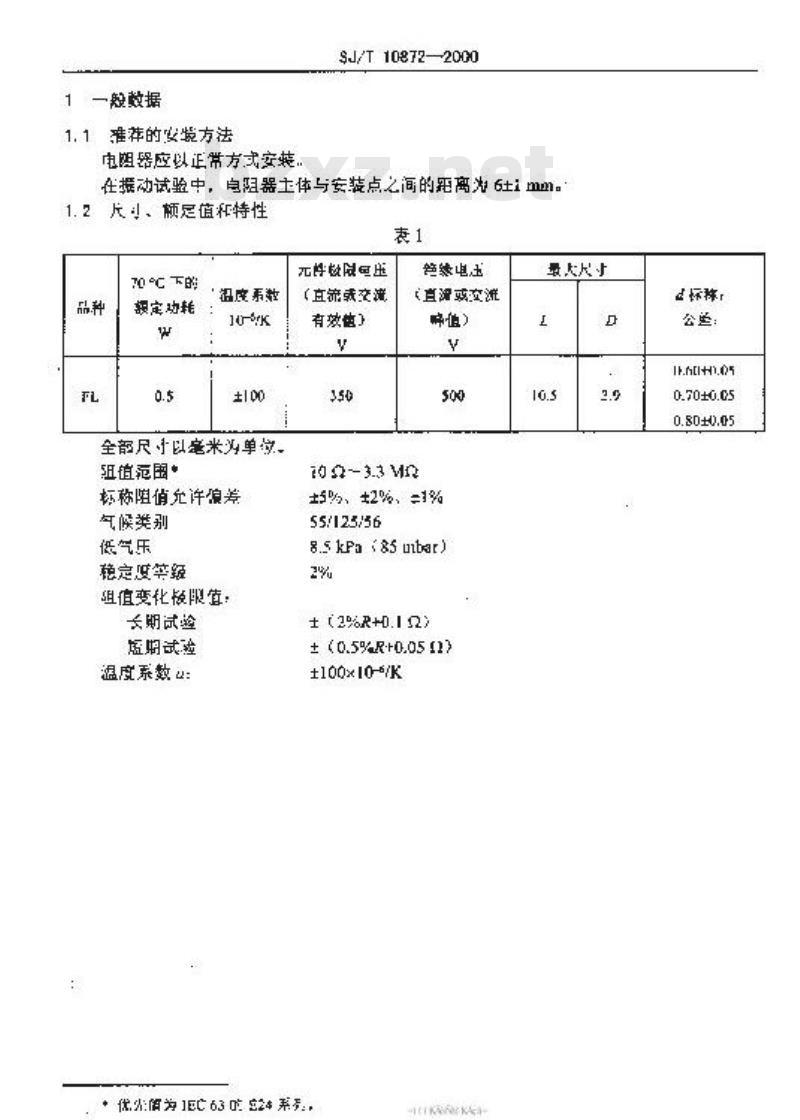 SJ/T 10872-2000 电子元器件详细规范低功率非线绕固定电阻器RJ15型金属膜固定电阻器评定水平E