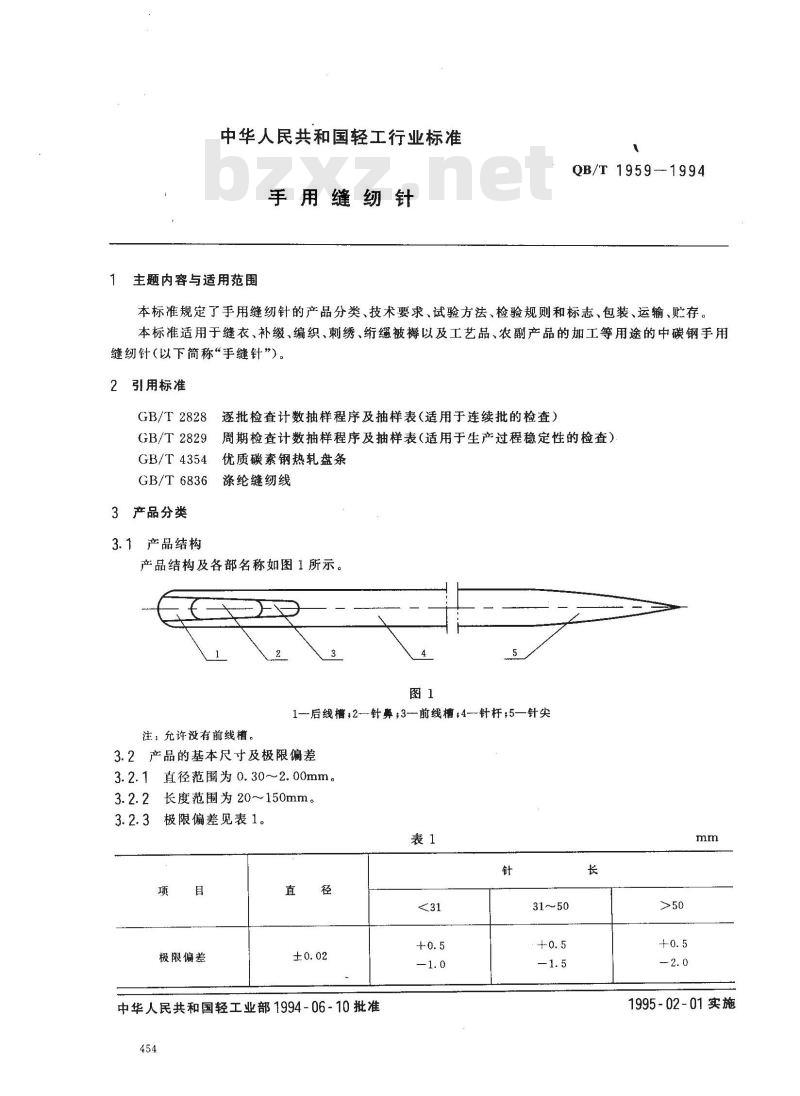 QB/T 1959-1994 手用缝纫针