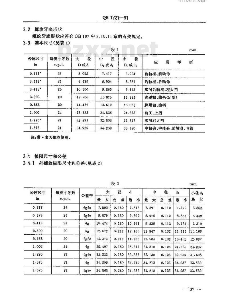QB 1221-1991 自行车英制螺纹和量规