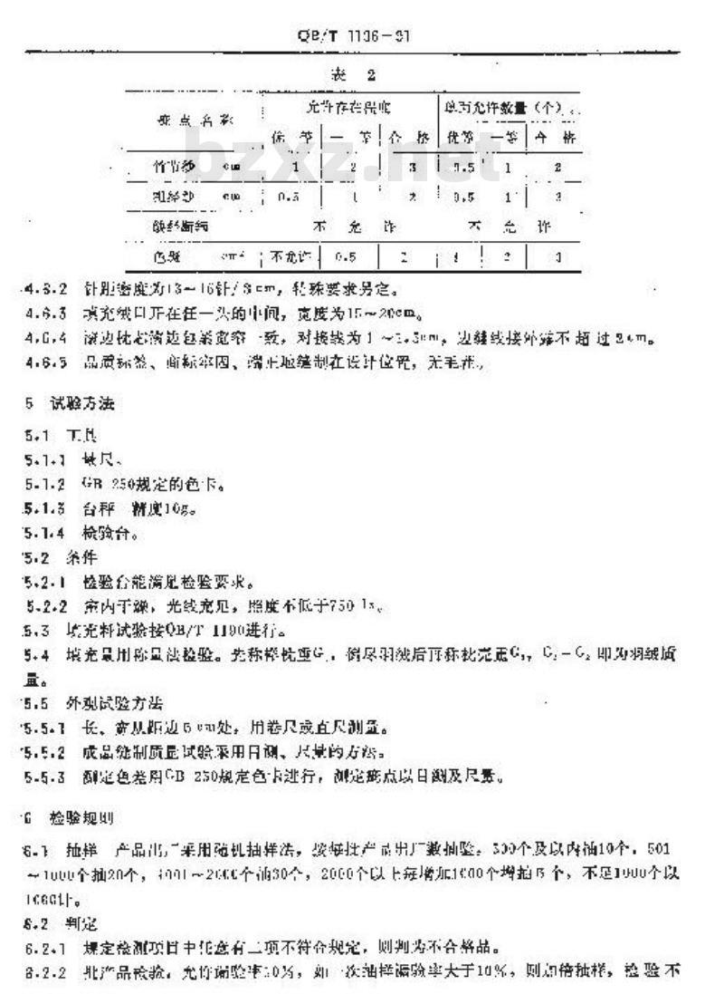 QB/T 1196-1991 羽绒枕心