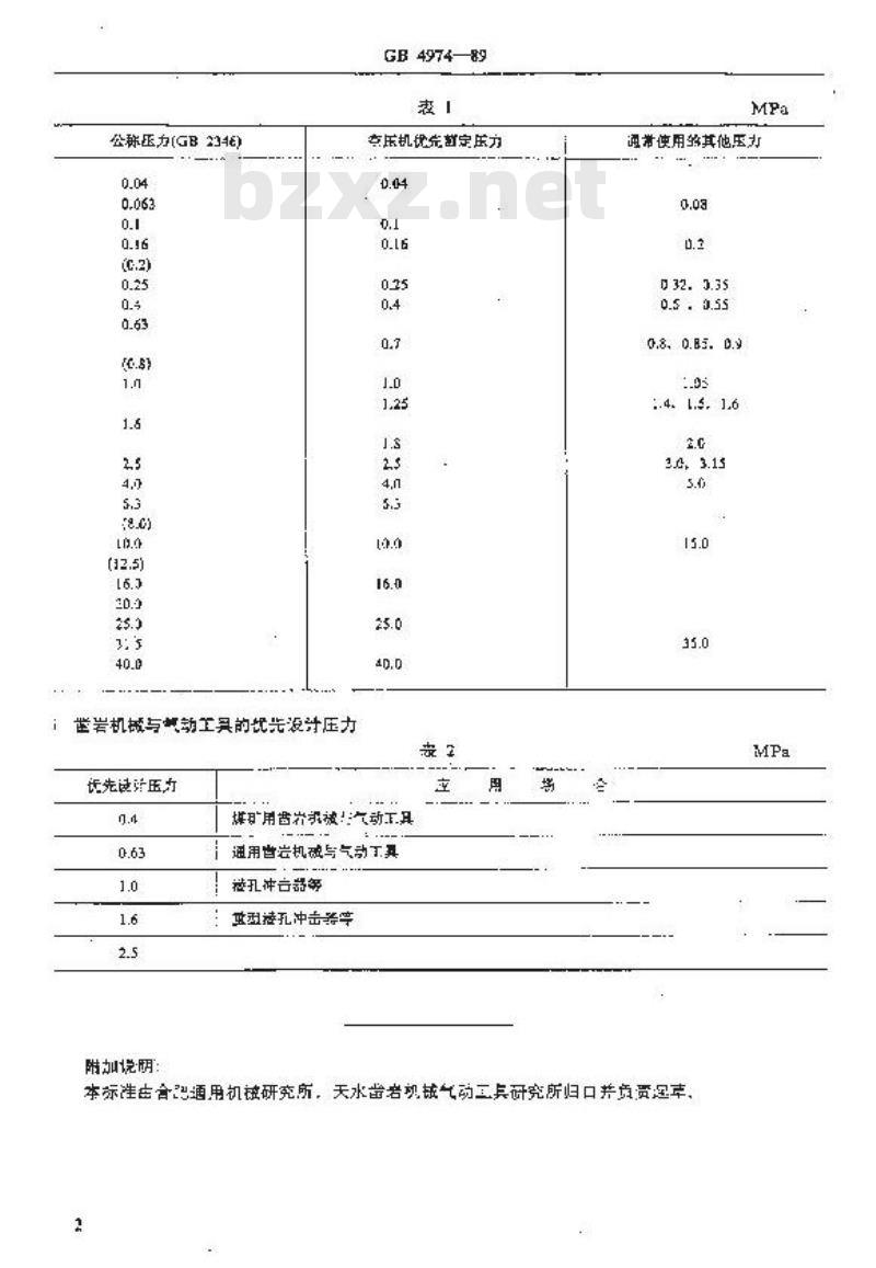 GB/T 4974-1989 压缩机、凿岩机械与气动工具优先压力