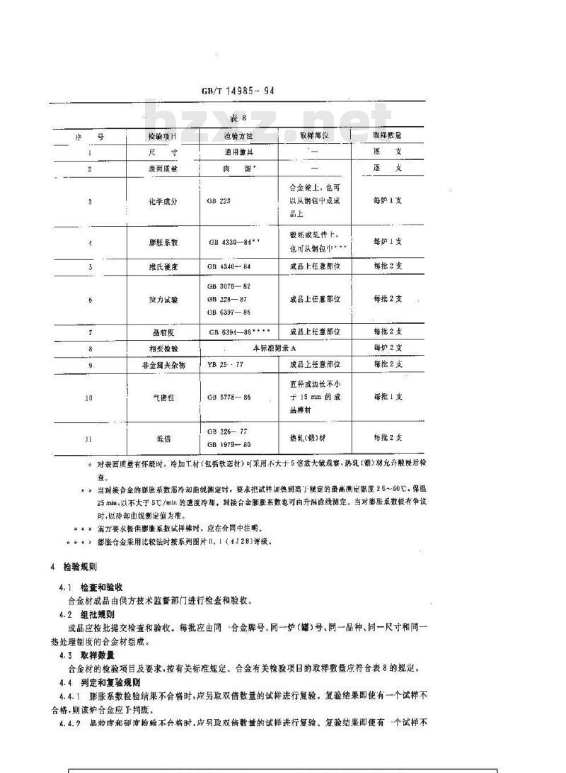 GB/T 14985-1994 膨胀合金的尺寸、外形、表面质量、试验方法和检验规则的一般规定