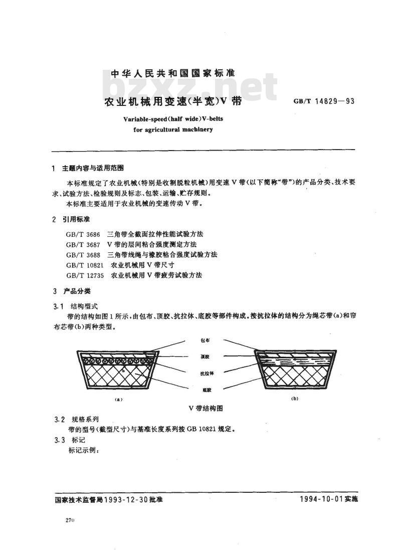 GB/T 14829-1993 农业机械用变速(半宽)V带