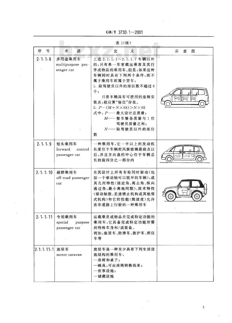 GB/T 3730.1-2001 汽车和挂车类型的术语和定义