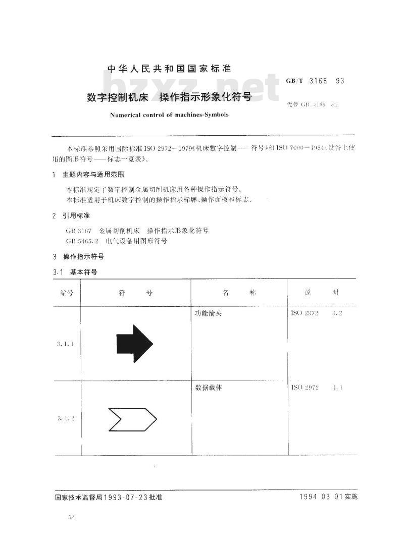 GB/T 3168-1993 数字控制机床 操作指示形象化符号