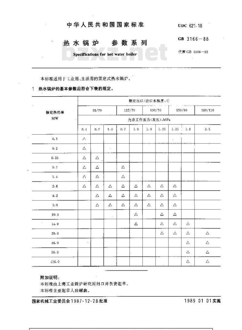 GB/T 3166-1988 热水锅炉 参数系列