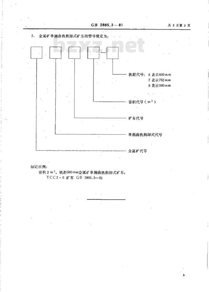 GB/T 2885.3-1981 金属矿单侧曲轨侧卸式矿车 基本参数及尺寸