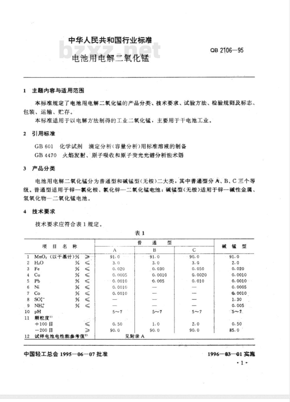 QB 2106-1995 电池用电解二氧化锰