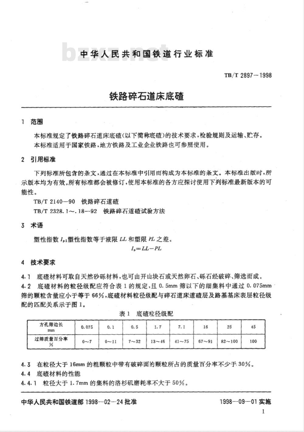 TB/T 2897-1998 铁路碎石道床底碴