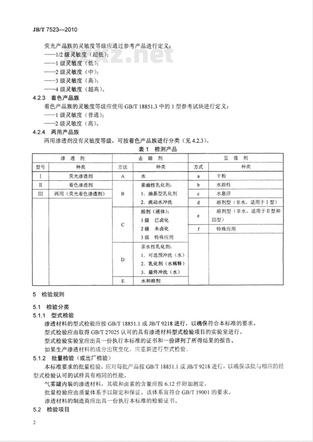 JB/T 7523-2010 无损检测 渗透检测用材料