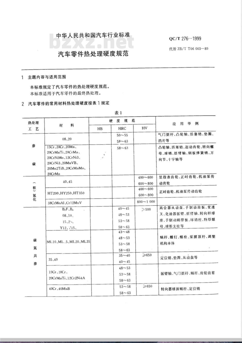 QC/T 276-1999 汽车零件热处理硬度规范