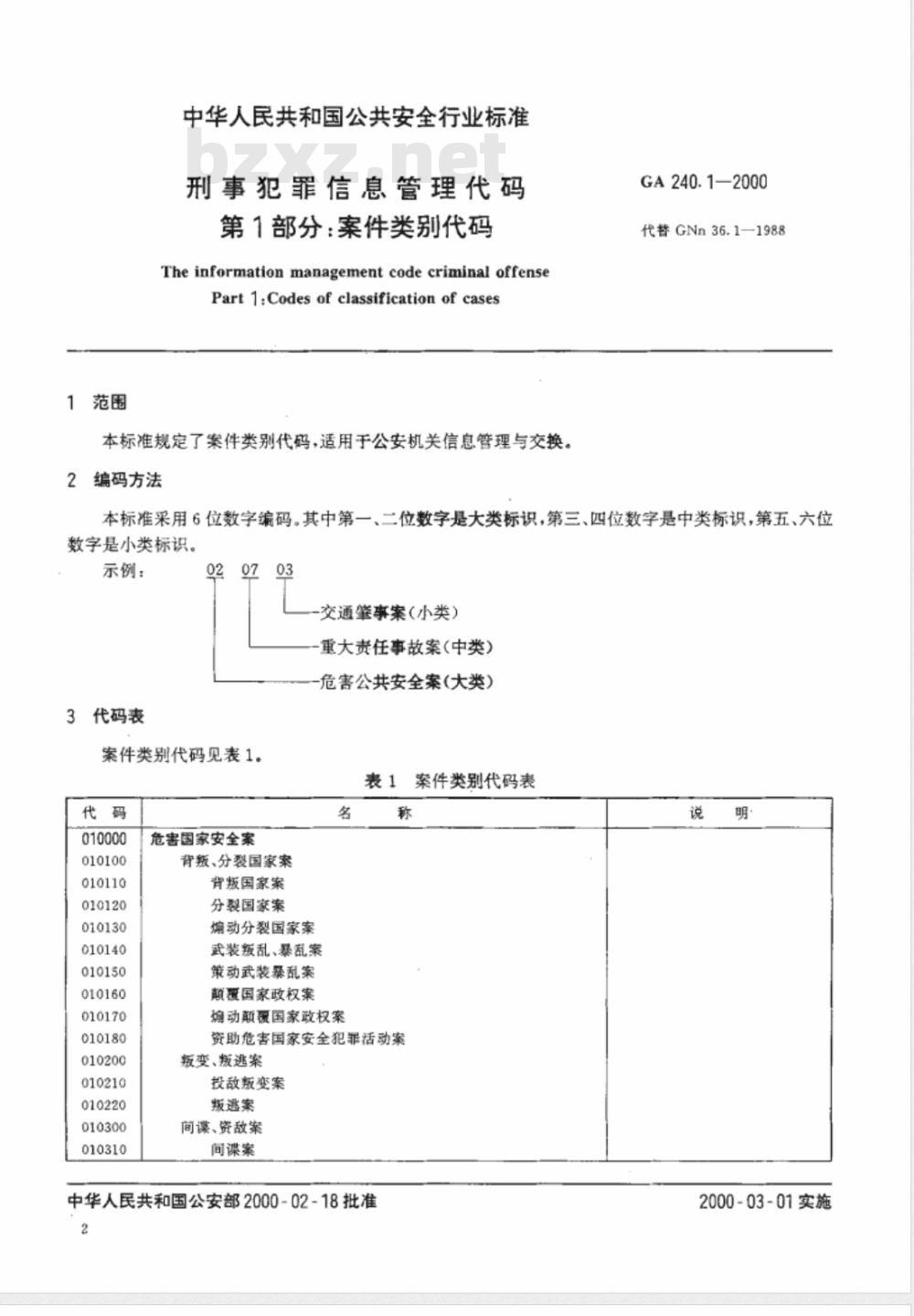 GA 240.1-2000 刑事犯罪信息管理代码 第1部分:案件类别代码