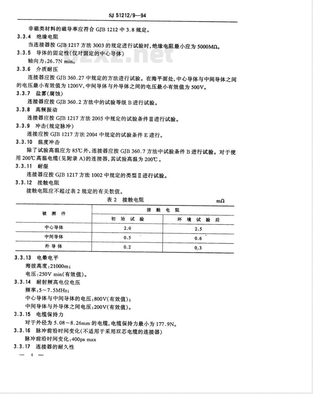 SJ 51212/9-1994 ＴＲＴ系列(接电缆)插针接触件２级射频三同轴插头连接器详细规范