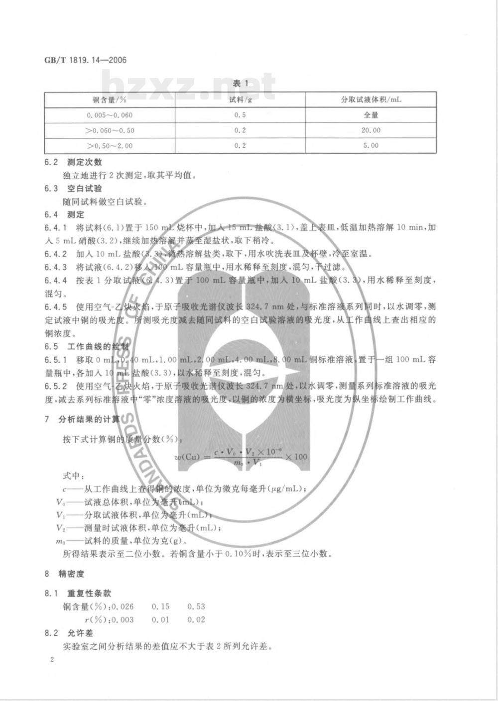 GB/T 1819.14-2006 锡精矿化学分析方法 铜量的测定 火焰原子吸收光谱法