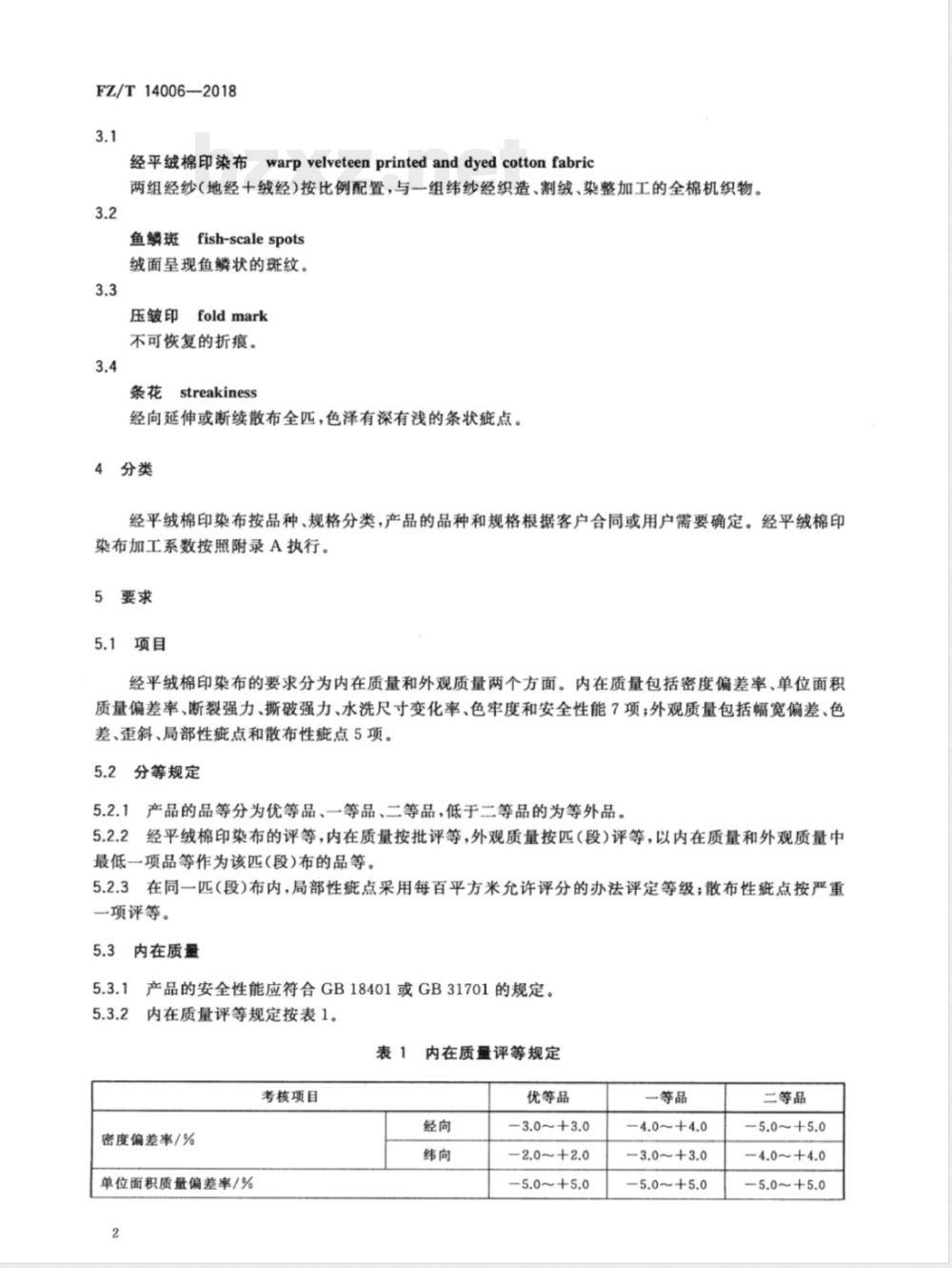 FZ/T 14006-2018经平绒棉印染布 