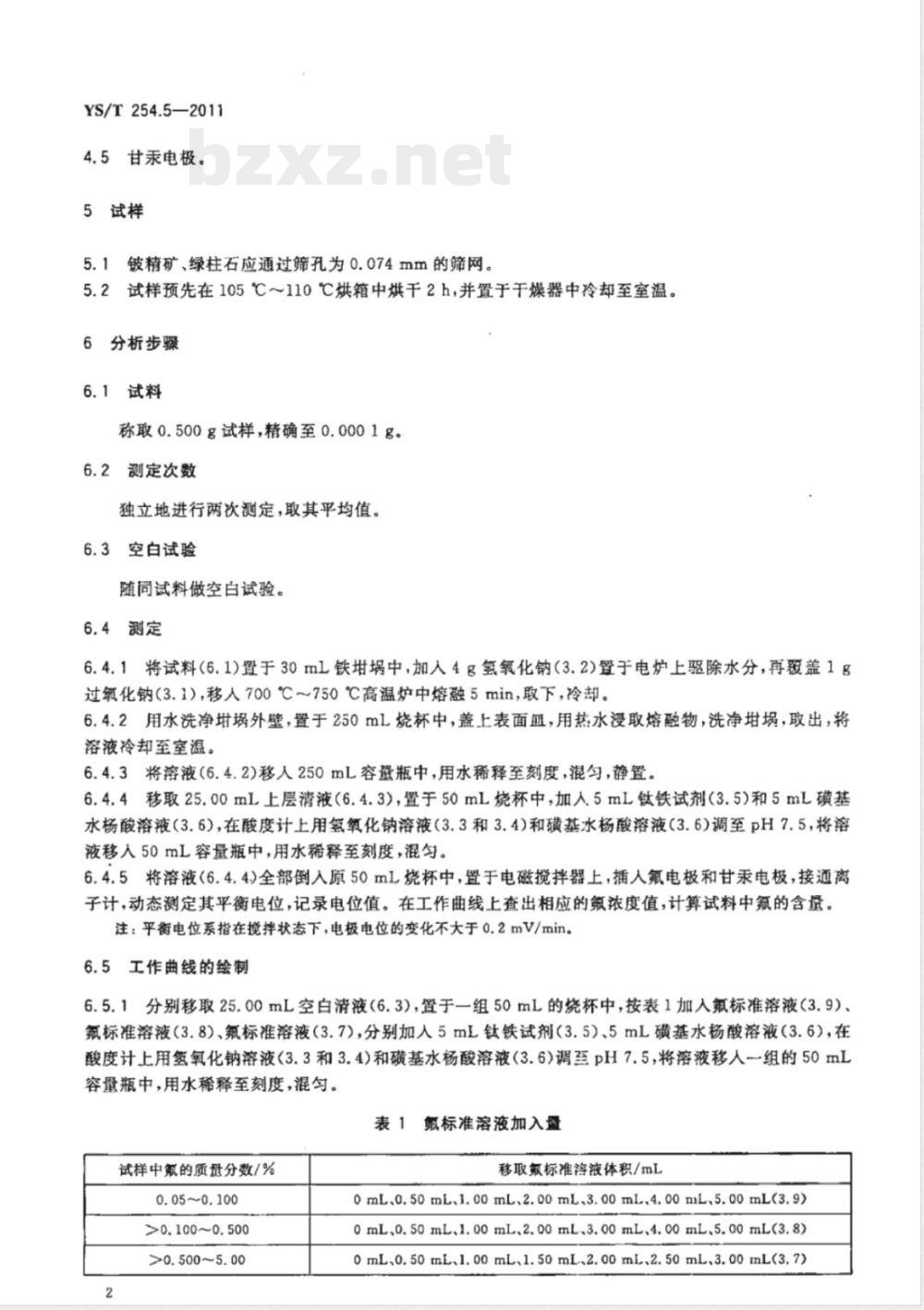 YS/T 254.5-2011铍精矿、绿柱石化学分析方法 第5部分：氟量的测定 离子选择电极法 