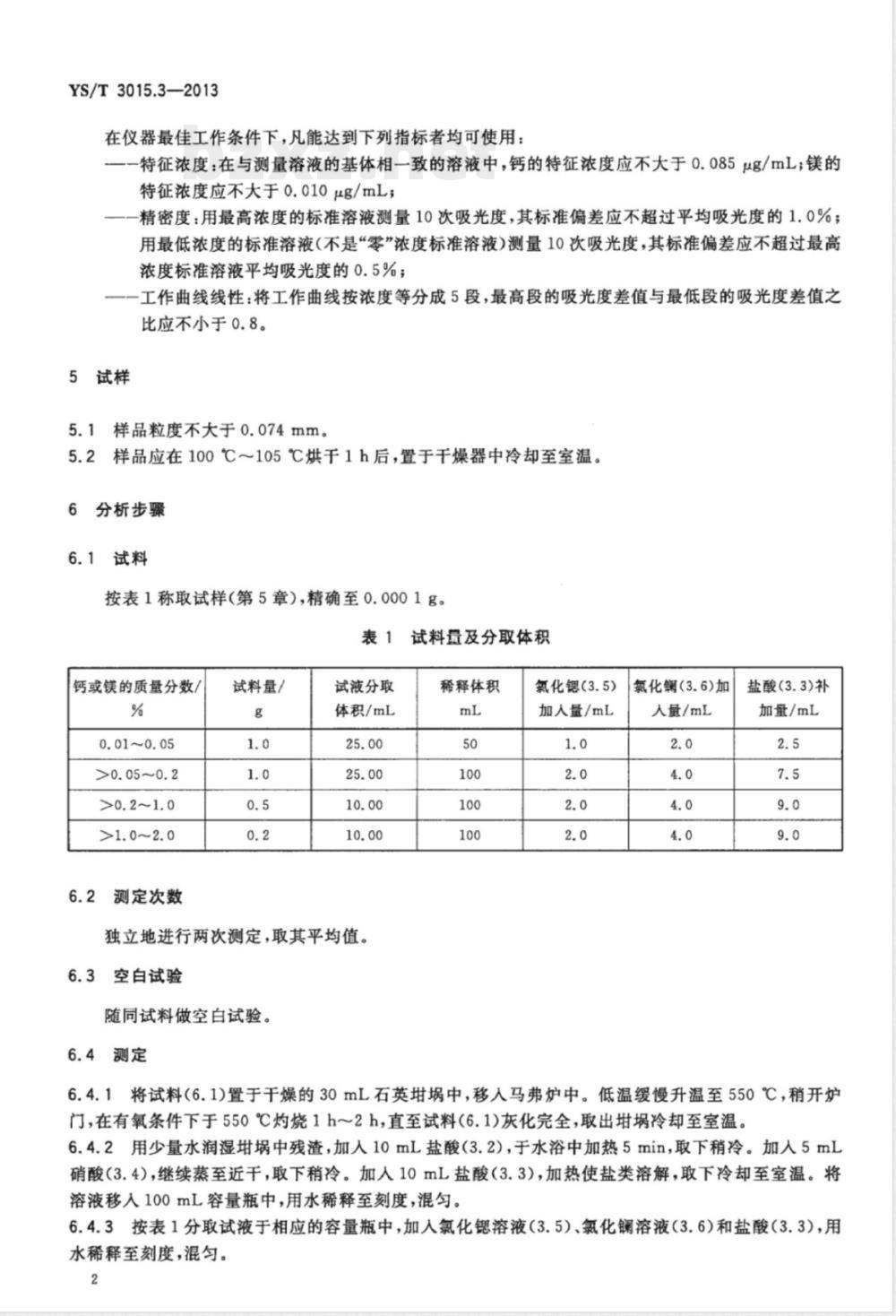 YS/T 3015.3-2013载金炭化学分析方法 第3部分：钙和镁量的测定 火焰原子吸收光谱法 