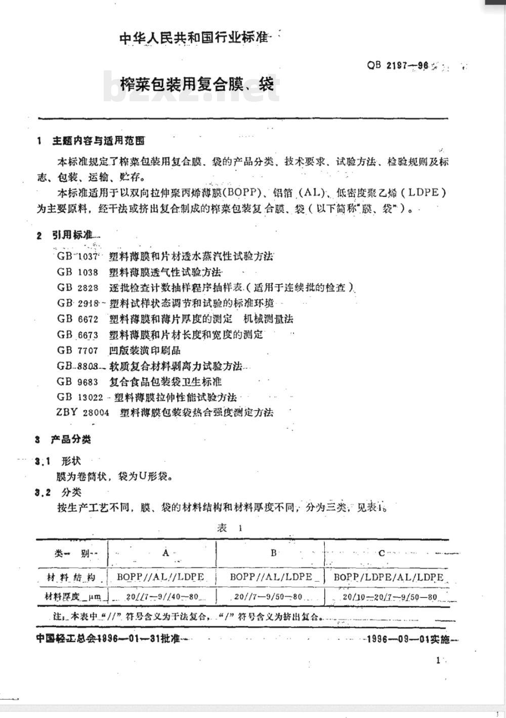 QB/T 2197-1996榨菜包装用复合膜、袋 