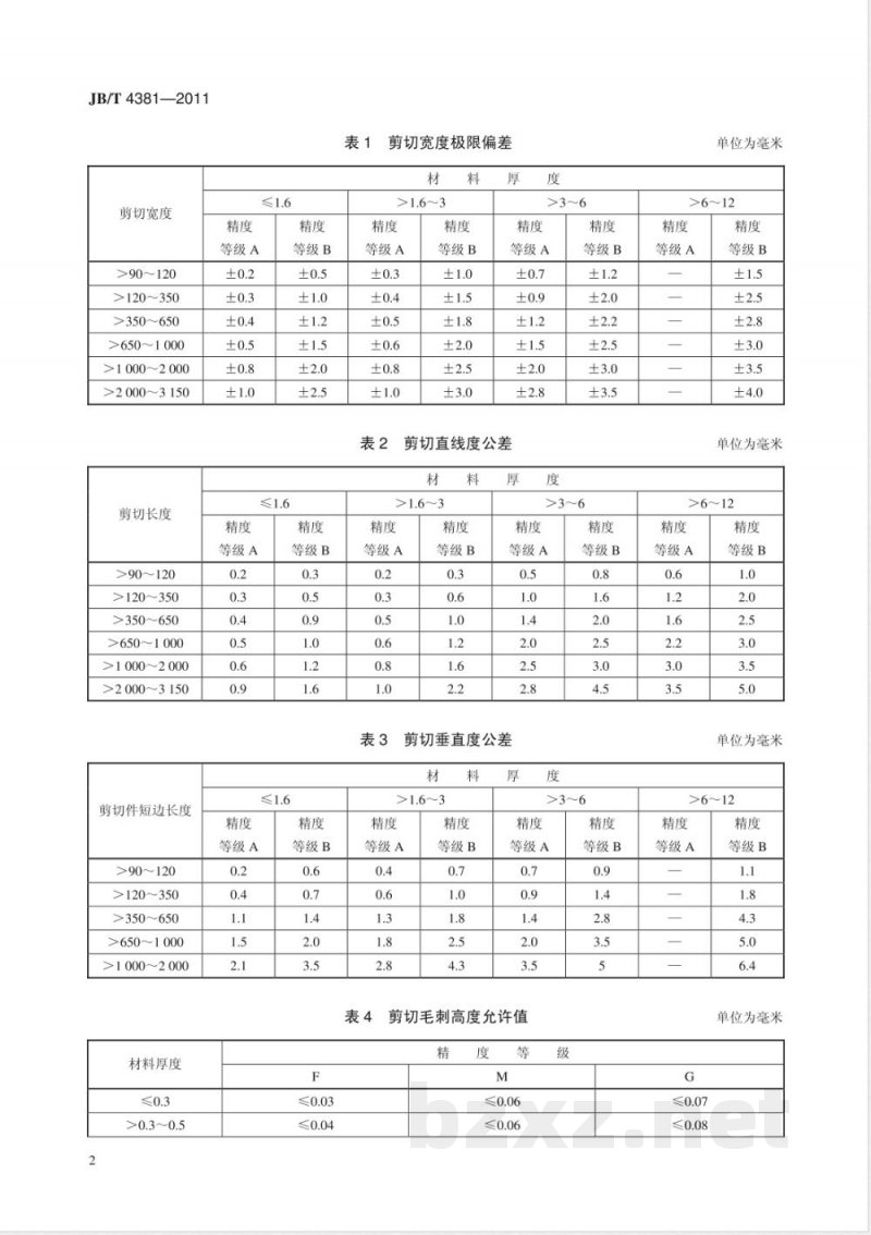JB/T 4381-2011冲压剪切下料  未注公差尺寸的极限偏差 