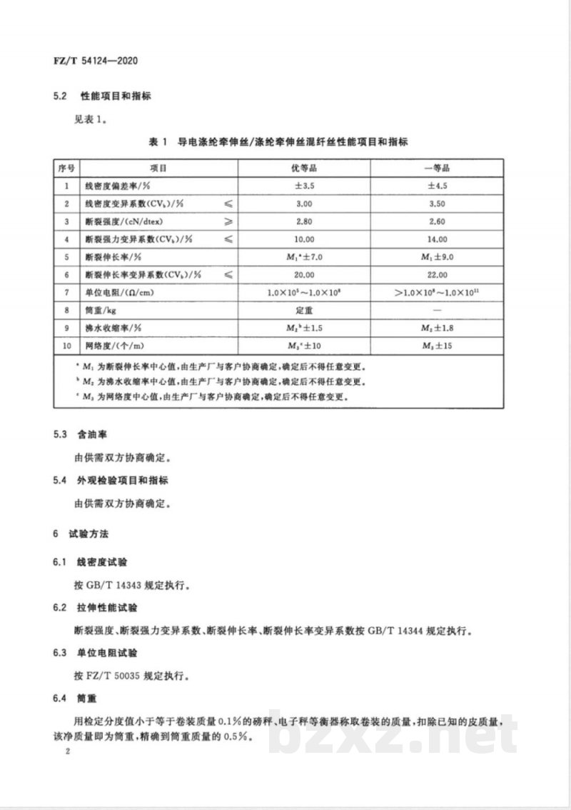 FZ/T 54124-2020导电涤纶牵伸丝/涤纶牵伸丝混纤丝 