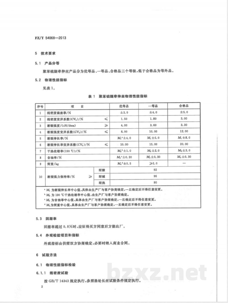 FZ/T 54068-2013聚苯硫醚牵伸丝 